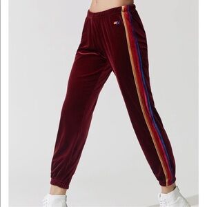 ⭐️Aviator Nation Red Wine Dark Maroon Velvet Track Pants with Rainbow Stripe⭐️